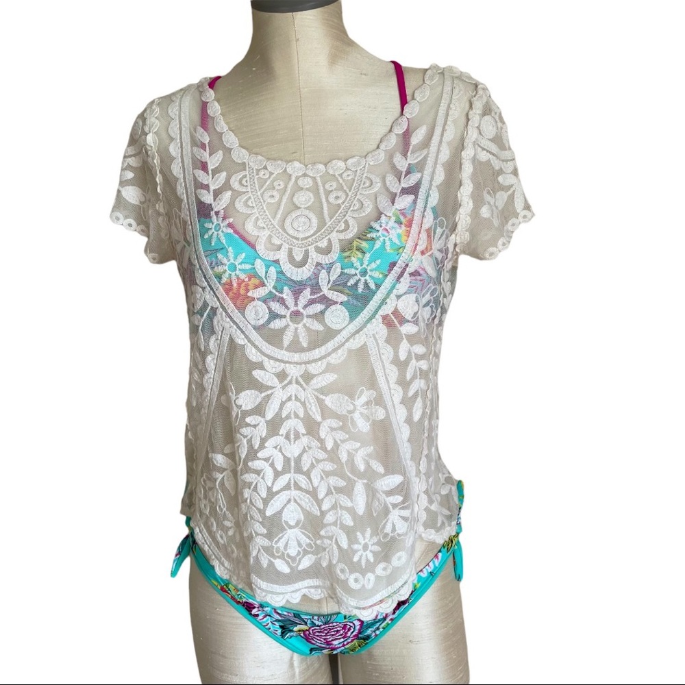 Xhilaration Sheer Lace Embroidered Boho Beach Coverup Top Size XS